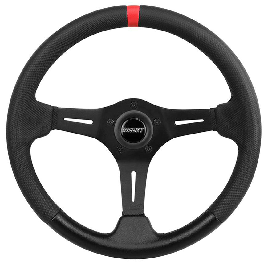 13.75" Performance & Race Steering Wheel
Black Anodized 3-Spoke, Black Suede Grip, 3.5" Dish Wih Red Center Top Stripe