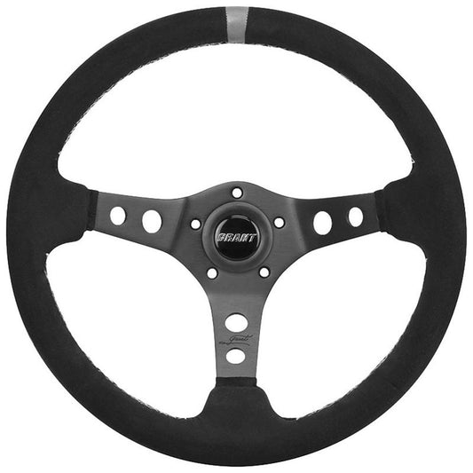 13.75" Performance & Race Steering Wheel
Black Anodized 3-Spoke, Black Suede Grip, 3.5" Dish Wih Grey Center Top Stripe