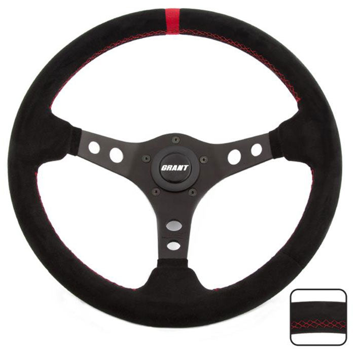 13.75" Performance & Race Steering Wheel
Black Anodized 3-Spoke, Black Suede Grip, 3-1/2" Dish Wih Red Center Top Stripe