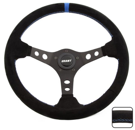 13.75" Performance & Race Steering Wheel
Black Anodized 3-Spoke, Black Suede Grip, 3-1/2" Dish Wih Blue Center Top Stripe