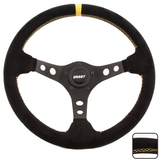 13.75" Performance & Race Steering Wheel
Black Anodized 3-Spoke, Black Suede Grip, 3-1/2" Dish Wih Yellow Center Top Stripe