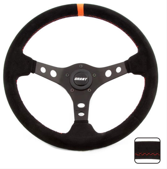 13.75" Performance & Race Steering Wheel
Black Anodized 3-Spoke, Black Suede Grip, 3.5" Dish Wih Orange Center Top