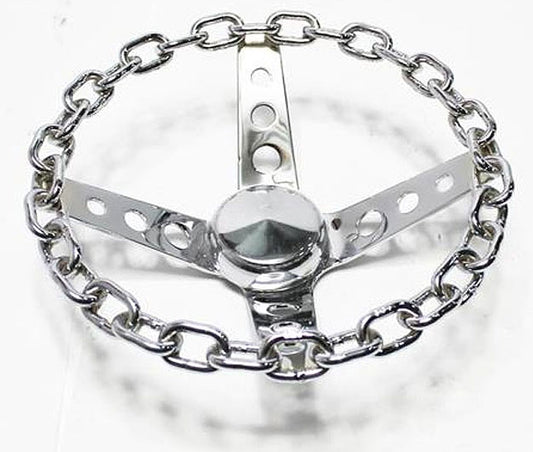 11" Classic Chain Steering Wheel
Chromed 4 Spoke, Chrome Chain Grip. 3-1/2" Dish