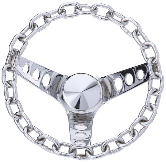 10" Classic Chain Steering Wheel
Chromed 3 Spoke, Chrome Chain Grip. 5-1/2" Dish