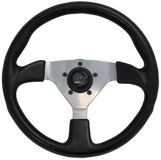 13" Formula GT Steering Wheel Chrome 3 Spoke, Black Leather Grip. 3" Dish