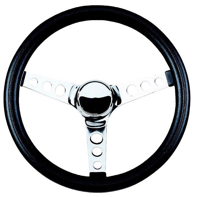 13-1/2" Classic Series Steering Wheel
Chrome 3 Spoke, Black Vinyl Grip. 2" Dish