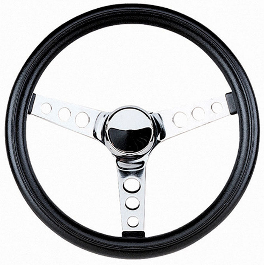 13-1/2" Classic Series Steering Wheel
Chrome 3 Spoke, Black Vinyl Grip. 3-1/2" Dish