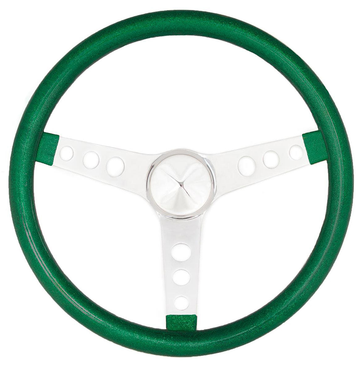 15" Metal Flake Steering Wheel
Chrome 3-Spoke, Green Metal Flate Vinyl Grip, 1-1/2" Dish