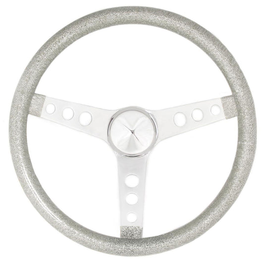 15" Metal Flake Steering Wheel
Chrome 3-Spoke, Silver Metal Flate Vinyl Grip, 1-1/2" Dish