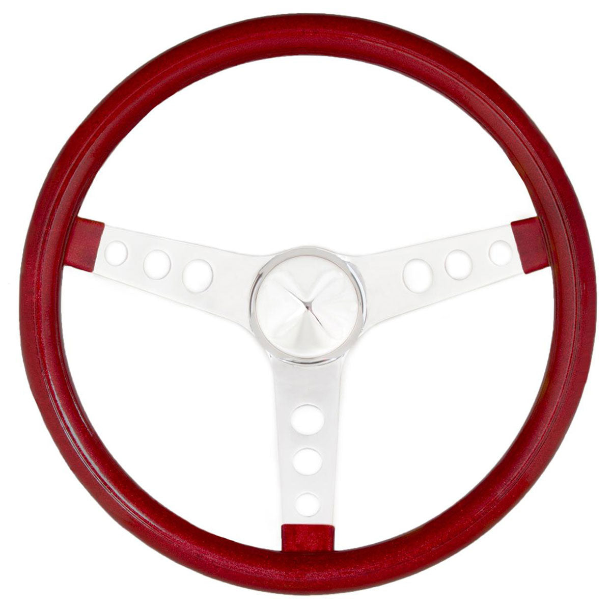 15" Metal Flake Steering Wheel
Chrome 3-Spoke, Red Metal Flate Vinyl Grip, 1-1/2" Dish