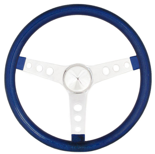 15" Metal Flake Steering Wheel
Chrome 3-Spoke, Blue Metal Flate Vinyl Grip, 1-1/2" Dish