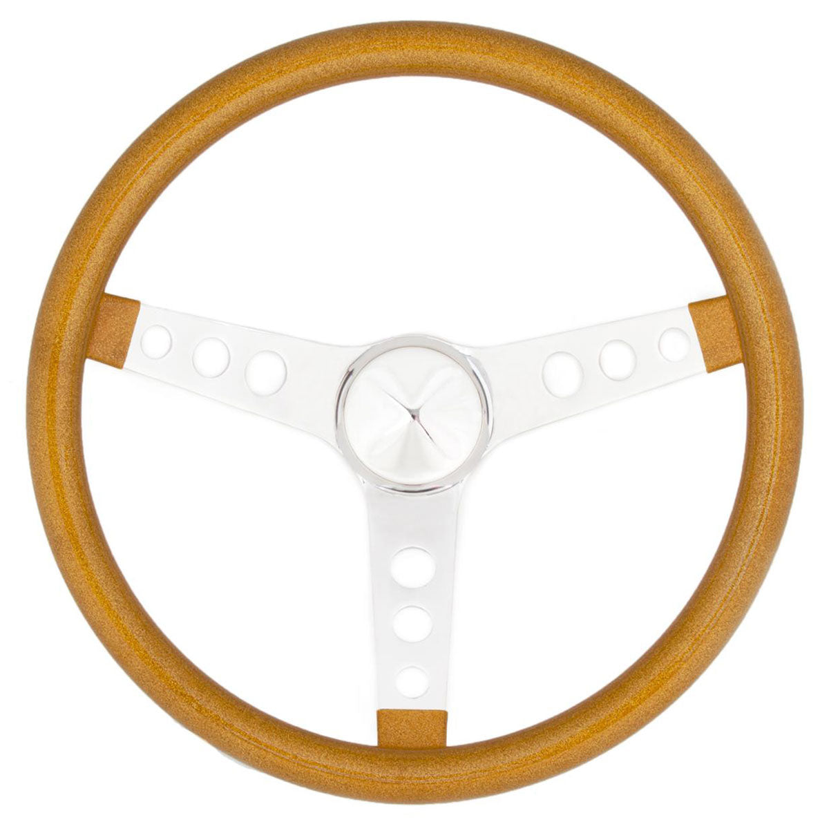 15" Metal Flake Steering Wheel
Chrome 3-Spoke, Gold Metal Flate Vinyl Grip, 1-1/2" Dish