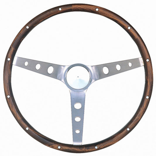 13-1/2" Classic Ford Steering Wheel
Brushed S/S 3 Spoke, Hardwood Grip. 3-3/4" Dish