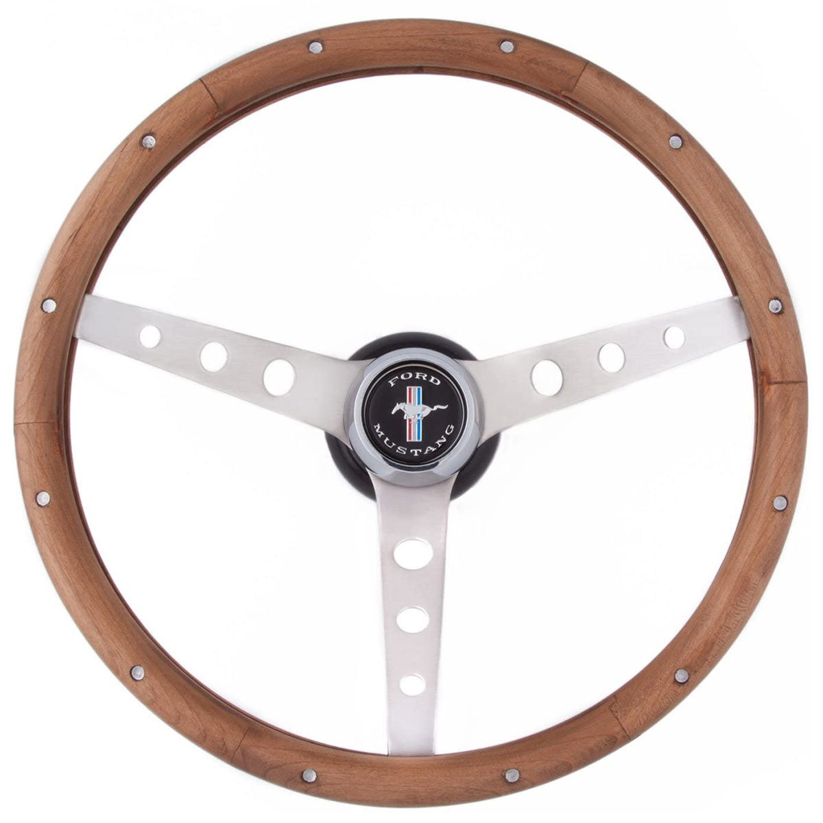 13-1/2" Classic Steering Wheel With Mustang Horn Button
Brushed S/S 3 Spoke, Hardwood Grip. 3-3/4" Dish