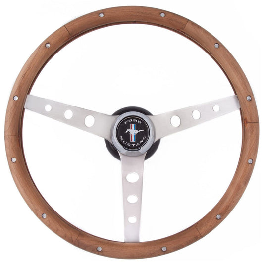 13-1/2" Classic Steering Wheel With Mustang Horn Button
Brushed S/S 3 Spoke, Hardwood Grip. 3-3/4" Dish