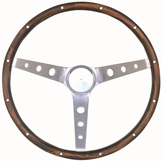 15" Classic Steering Wheel With Mustang Horn Button
Brushed S/S 3 Spoke, Hardwood Grip. 4-1/8" Dish