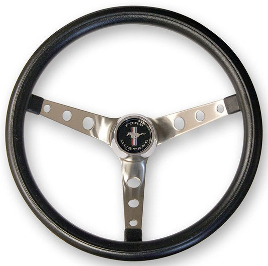 15" Classic Steering Wheel With Mustang Horn Button
Brushed S/S 3 Spoke, Black Foam Grip. 3-3/4" Dish