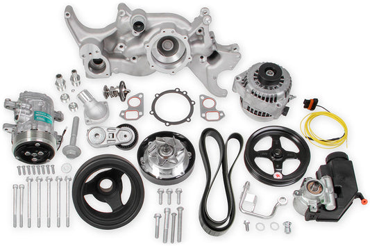 Mid Mount GM LS Complete Accessory Drive System
Includes SD7 A/C Compressor, Alternator, P/S Pump, Tensioner, Belt, Crank Damper & Pulleys