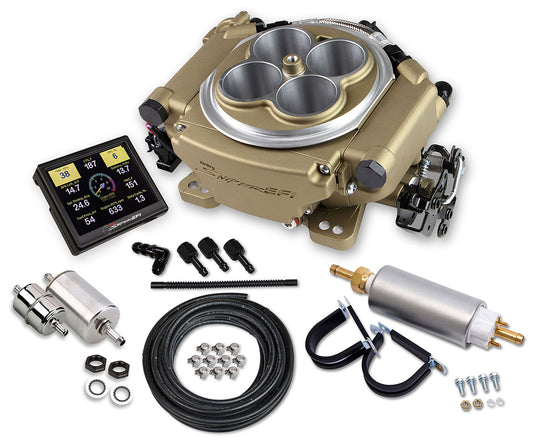 Sniper EFI 4BBL Self Tuning Master Kit - Classic Gold Finish
800 cfm 4 Injector Throttle Body, 650 HP N/A