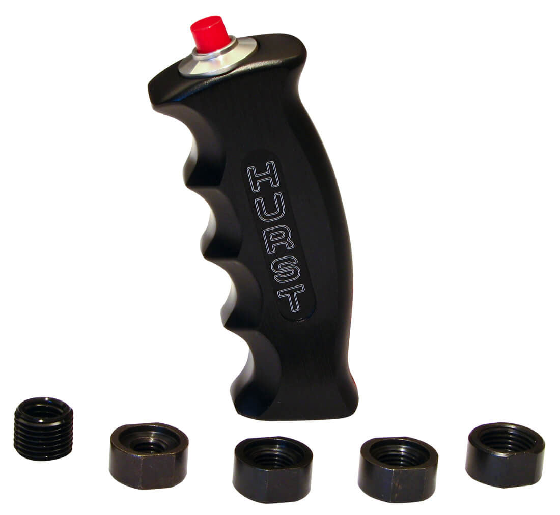 Pistol Grip Shifter Handle with 12 Volt Button Black Anodised, Universal fitment with metric and SAE adapters