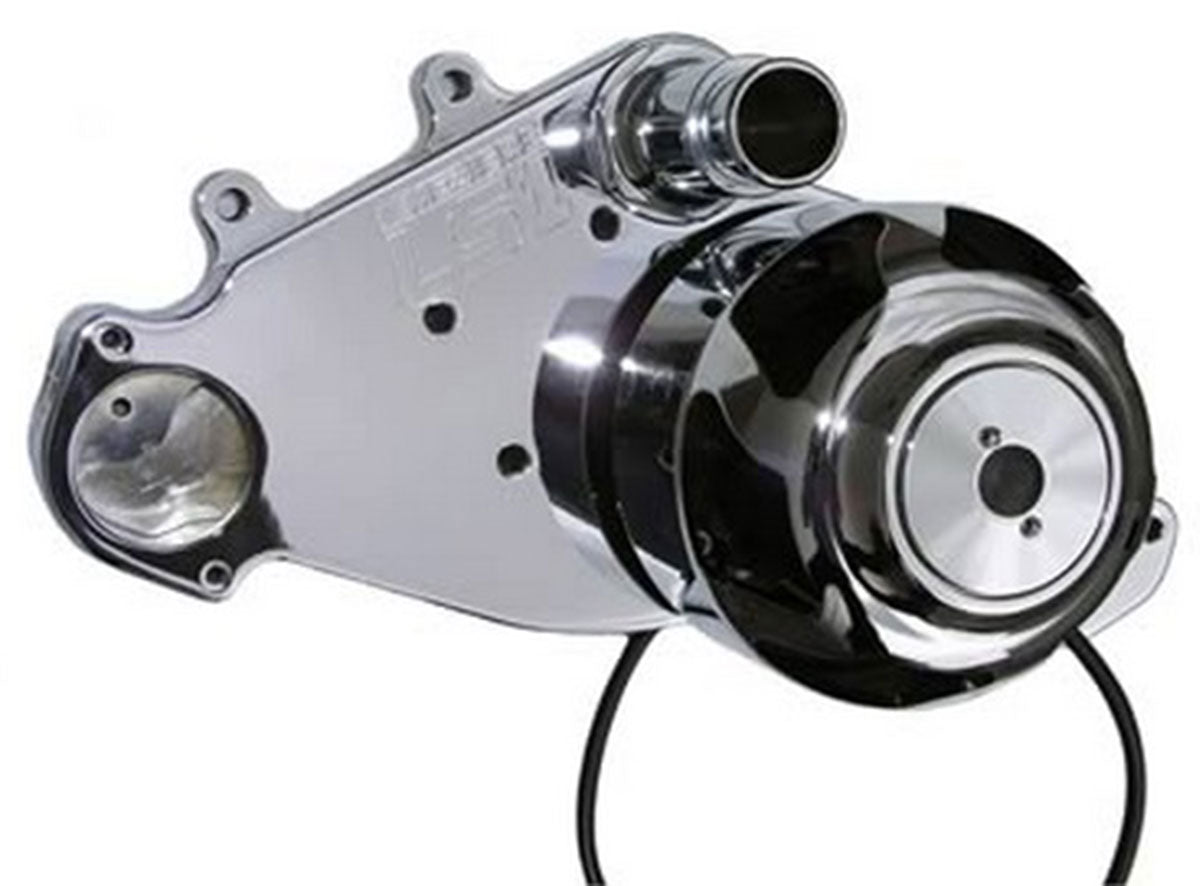 Electric Water Pump, Fits GM LS1 To LS8, High Flow Idler Style, Chrome Finish 55GPM, Standard Motor