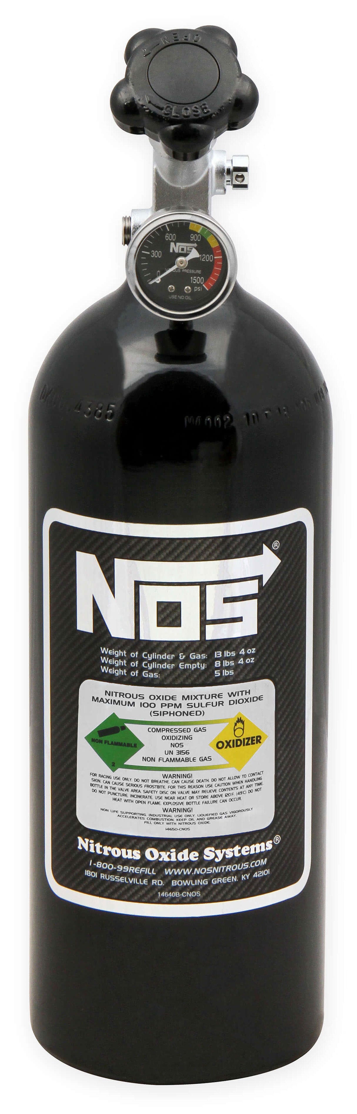 Nitrous Bottle 5-lb - Black
16.75" x 5.25" dia. With Super Hi-Flo Valve & Gauge