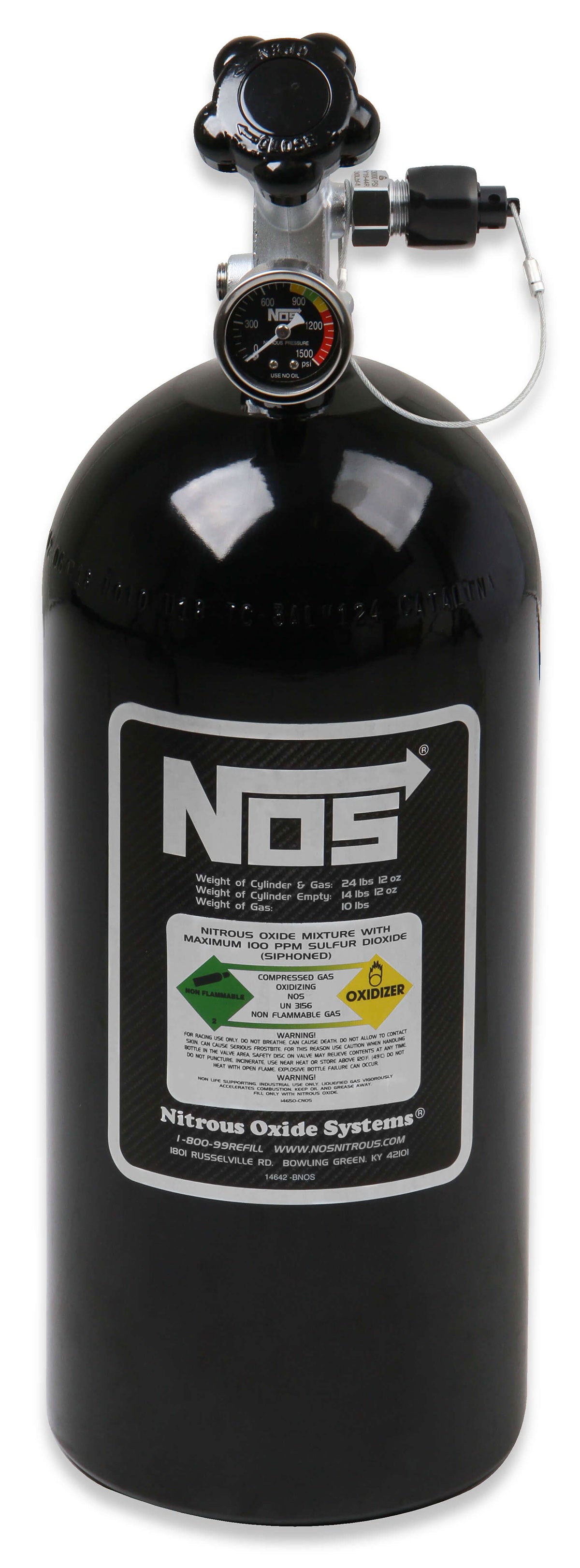 Nitrous Bottle 10-lb. (Black)
21" x 7" dia. With Super Hi-Flo Valve, Gauge & Racer Safety Blow-Off