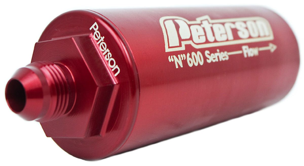 600 Series Inline Petrol/Methanol Filter
-10 AN Male, 60 Micron Filter, 4.5" X 2"