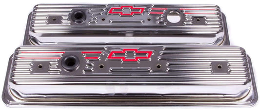 Stamped Valve Covers with Bowtie Logo (Centre Hold-Down) Chrome   Small Block Chev 1987-Later