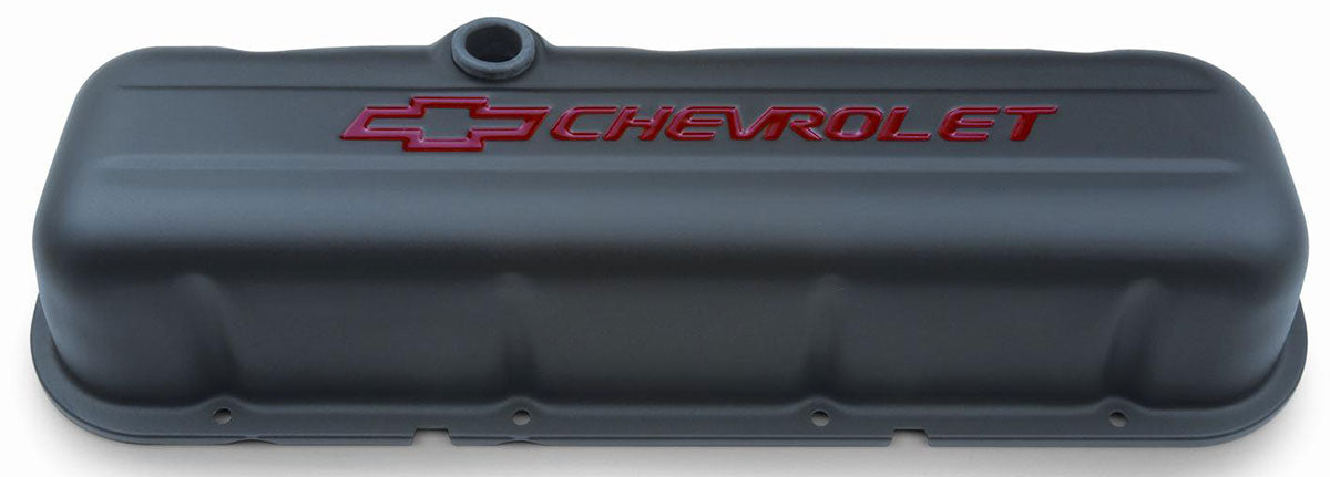 Stamped Steel Tall Valve Covers With Baffle
Black Crinkle Suit BB Chev With Red Chevrolet Logo & Bowtie Emblem