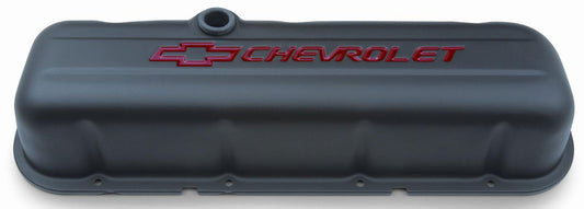 Stamped Steel Tall Valve Covers With Baffle
Black Crinkle Suit BB Chev With Red Chevrolet Logo & Bowtie Emblem