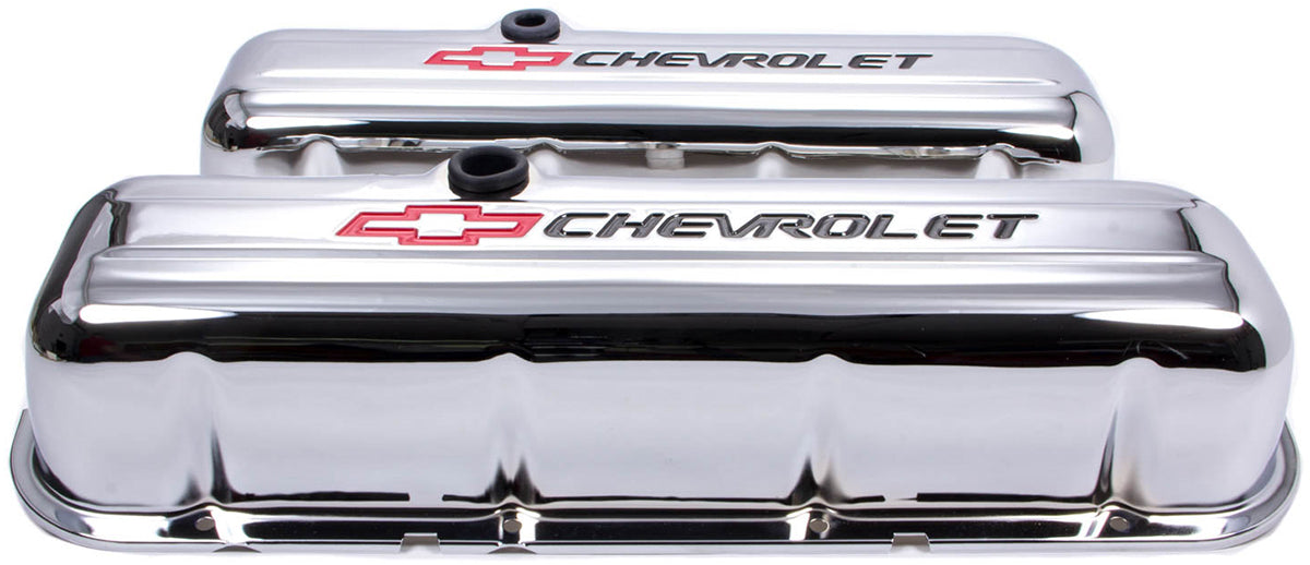 Stamped Steel Tall Valve Covers With Baffle
Chrome Suit BB Chev With Black Chevrolet Logo & Red Bowtie Emblem