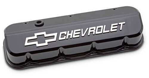 Die-Cast Aluminium Slant Edge Valve Covers, Liquid Black
with Raised Chevrolet Logo & Bowtie Emblem. SuitBig Block Chev