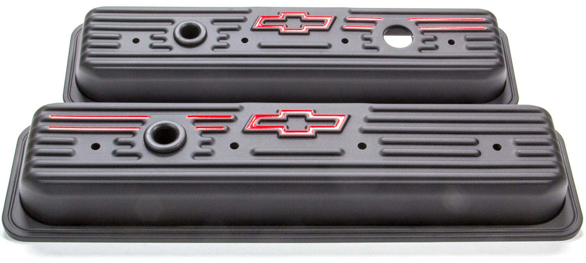 Stamped Steel Centerbolt Valve Covers With Baffle
Black Suit 86-On SB Chev With Chevrolet Bowtie Emblem