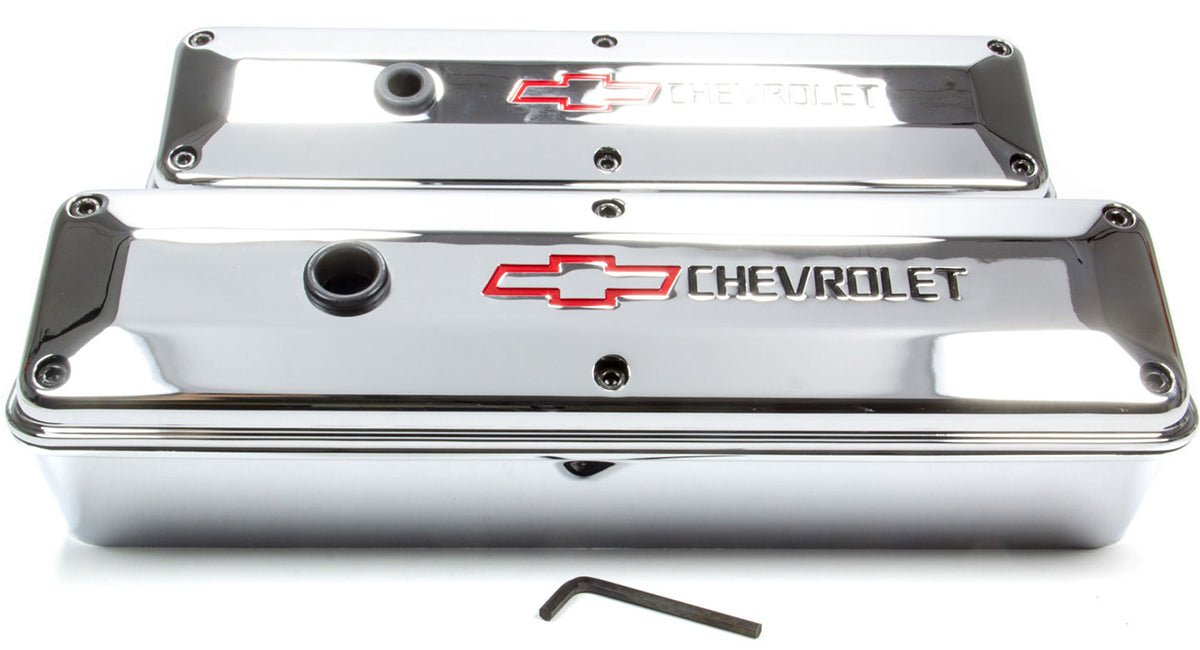 2-Piece Die-Cast Tall Valve Covers
Chrome Suit SB Chev With Recessed Chevrolet Logo & Bowtie Emblem