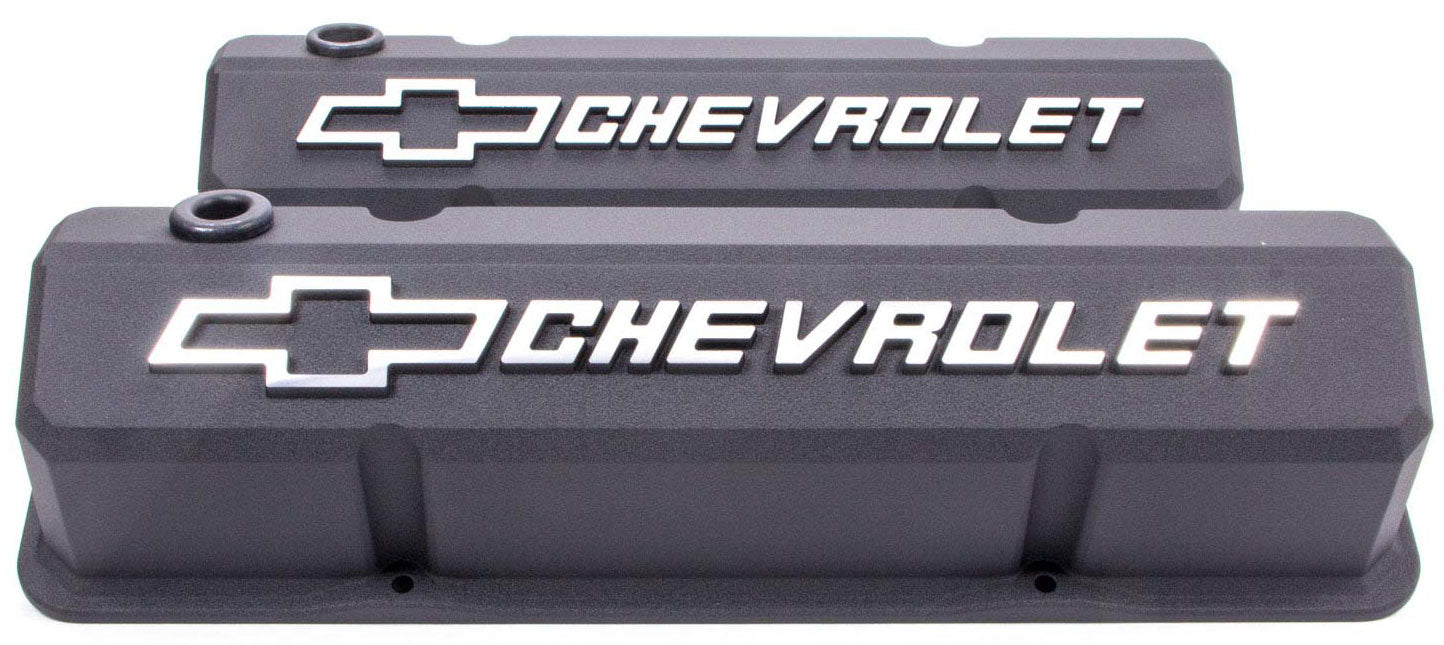 Die-Cast Aluminium Slant Edge Valve Covers
Black Crinkle Suit SB Chev With Raised Chevrolet Logo & BowtieEmblem