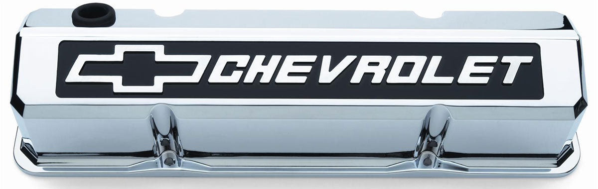 Die-Cast Aluminium Slant Edge Valve Covers
Chrome Suit SB Chev With Raised Chevrolet Logo & Bowtie Emblem