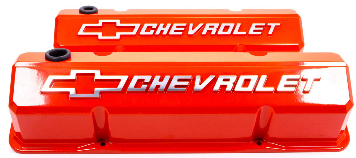 Die-Cast Aluminium Slant Edge Valve Covers
Chevy Orange Suit SB Chev With Raised Chevrolet Logo & BowtieEmblem