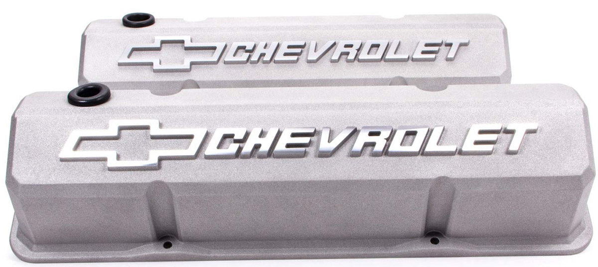 Die-Cast Aluminium Slant Edge Valve Covers
Cast GraySuit SB Chev With Raised Chevrolet Logo & Bowtie Emblem