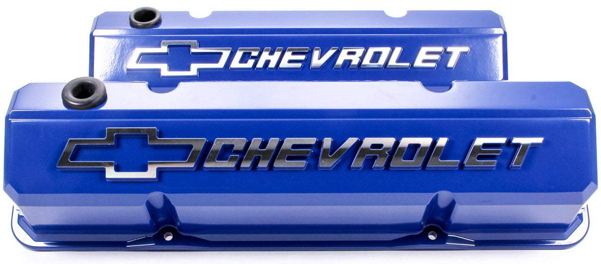 Die-Cast Aluminium Slant Edge Valve Covers
Blue SuitSB Chev With Raised Chevrolet Logo & Bowtie Emblem