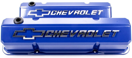 Die-Cast Aluminium Slant Edge Valve Covers
Blue SuitSB Chev With Raised Chevrolet Logo & Bowtie Emblem