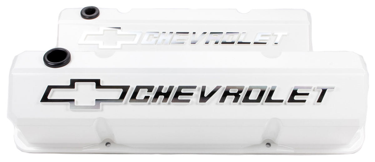 Die-Cast Aluminium Slant Edge Valve Covers
White Suit SB Chev With Raised Chevrolet Logo & Bowtie Emblem