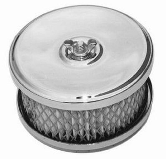 Chrome Steel Dish Style Air Cleaner Set with Paper Element & Raised Base
Fits 1bbl & 2bbl with 2-5/8" Neck, 5" Steel Stud with Wing Nut Included