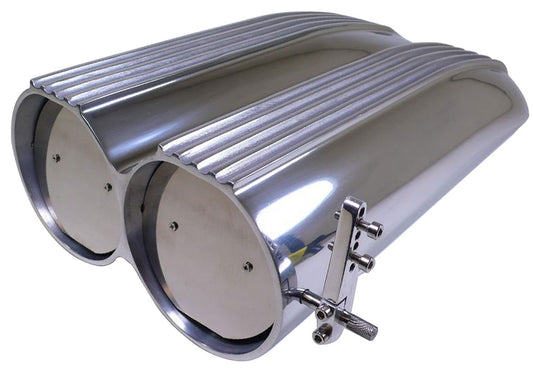 Polished Aluminium "Shot Gun" Hood Scoop with Paper Element, Finned Style
Designed To Fit 5-1/8" Neck Carbs Only. Single or Dual 4-Barrel Carb Setup, Sideways or Inline