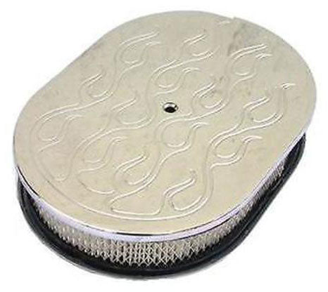 Chrome Aluminium 12" Oval Air Cleaner with Paper Element, Flame Style
Fits Single Quad Carburettors with 5-1/8" Neck