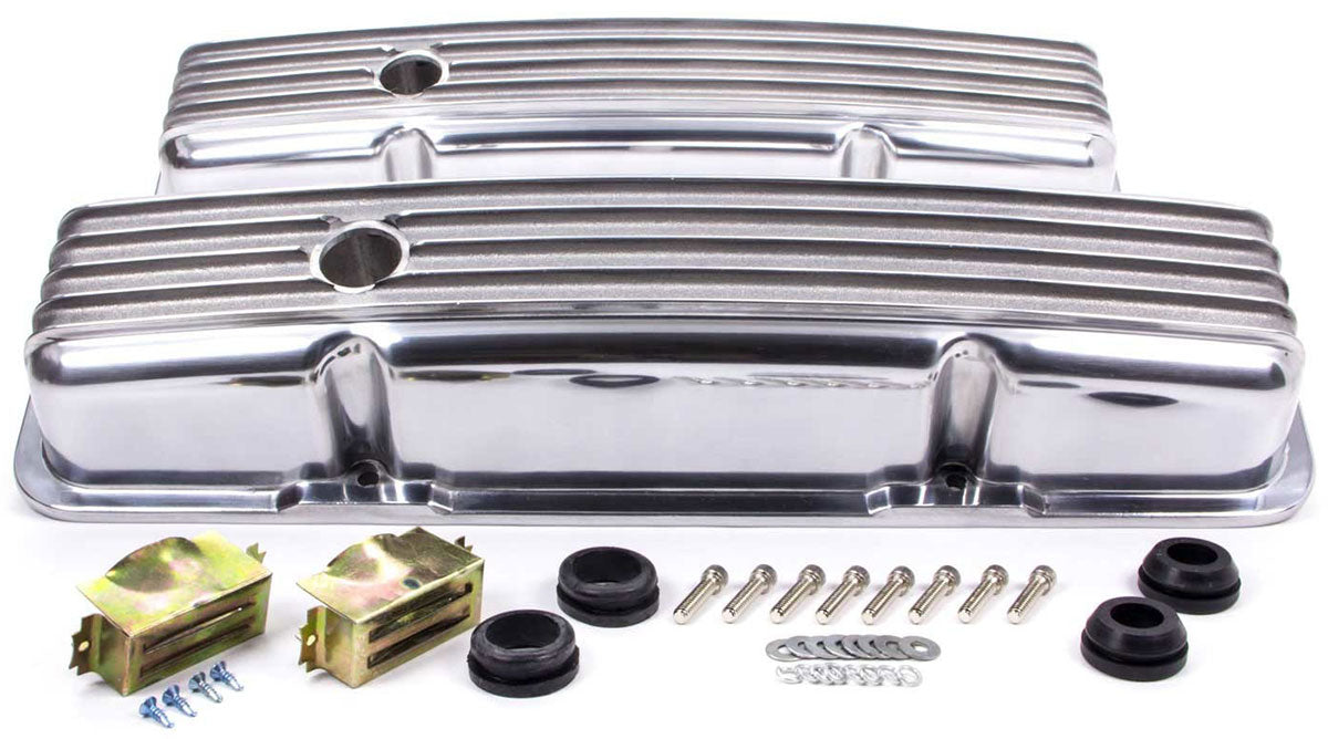 Short Nostalgic Aluminium Polished Finned Valve Covers with Breather Hole  Fits 1958 - 86 S/B Chev 283 - 400