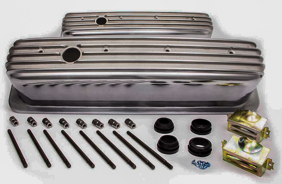 Tall Nostalgic Aluminium Polished Finned Valve Covers with Breather Hole  Fits 1987-on S/B Chev 305, 350 Center Bolt, Including Hardware