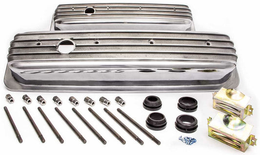 Short Nostalgic Aluminium Polished Finned Valve Covers with Breather Hole  Fits 1987-on S/B Chev 305, 350 Center Bolt, Including Hardware