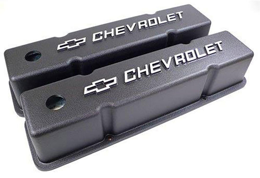 Black S/B Valve Covers with Bowtie " Chev Raised Logo
Height of Valve Covers 3.875", Installed Oil Baffles, Made from High-Grade Die Cast Aluminium