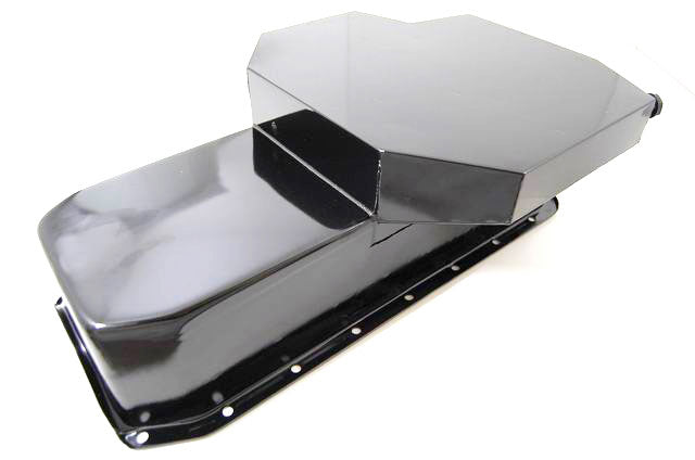 Black Steel Champion Style Oil Pan, 7" Deep, 6 Trap Doors, 2 Runners & 3 Crank Scrappers
Fits 1955-79 S/B Chev 283-350, Dipstick on Passengers Side